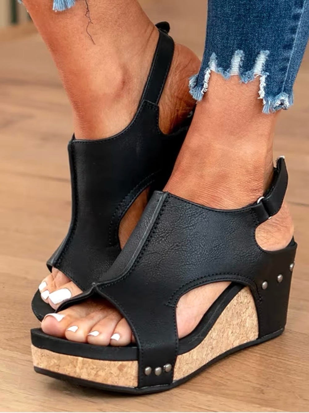 New Wedge platform1.5” Womenyiaor Sandals Sz EU39/7.5 US Black Leather Hill 3.3”